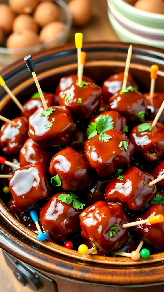 Crockpot BBQ meatballs served with toothpicks in a rustic setting.